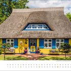 Juni-Kalender. Gelbes Reetdachhaus mit blauen Fensterläden, umgeben von grünen Bäumen und bunten Blumen.