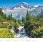 "JUNI" ist unten rechts. Ein Gebirgsfluss fließt durch eine grüne Landschaft, umgeben von Bergen und Nadelbäumen.