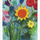 Text unten: "Juni". Bunte Blumenillustration mit gelber Sonnenblume, roten und violetten Blüten vor hellem Hintergrund.