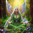 Eine Kalenderillustration zeigt eine Frau mit Irisieranflügeln in grünem Kleid, umgeben von Schmetterlingen und Pflanzen.