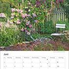 Kalenderblatt Juni. Ein Garten mit bunten Kletterrosen und Clematis an einem Holzzaun, daneben ein weißer Stuhl.