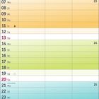 Kalenderblätter für Juni 2027 mit täglich wechselnden Farben, Wochenenden rot markiert. Feiertage und Sommeranfang hervorgehoben.