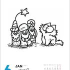 6. JAN, Mittwoch, Heilige Drei Könige. Kalenderillustration: Drei Könige unter einem Stern mit einer Katze.