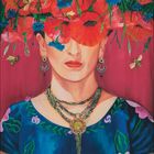 Text: "Juni" und Kalenderdaten. 

Eine Frau mit Blumenkrone vor rotem Hintergrund, Bienen und Schmetterlinge.