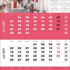 Kalender für Juni bis August 2027 mit Wochenanzeige. Oben: malerische Straße mit weißen Häusern, blühenden Pflanzen.