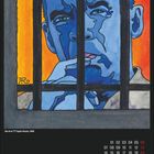„Die drei ??? Späte Rache, 1996“, Illustration mit blauem Gesicht hinter Gittern, Kalenderseite Juni darunter.