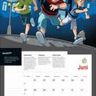 Text oben: "100", "99", "98", "97", "96", "95", "94". Unten: Kalendereintrag für Juni, mit Notiz zu "Notsignale". Jugendliche laufen in der Nacht.