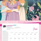 "FEENWALD-DEKO. Das brauchst du: künstliche Efeuranken, Lichterkette, getrocknete Blumen, echte Pflanzen."  
Drei Frauen in historischen Kleidern stehen vor einem Schloss. Darunter ein Kalender für Juni.