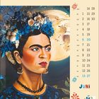 Kalender für Juni, Illustration einer Frau mit Blumen im Haar, Mond im Hintergrund.