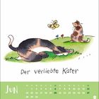 "Der verliebte Kater" steht über einer Illustration zweier Katzen auf einer Wiese mit Schmetterling. Unten: Kalender für Juni.