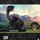 "THERIZINOSAURUS", "JUN". Dinosaurier in Landschaft, Kalenderdarstellung. Logo mit Dinosaurier-Silhouette.