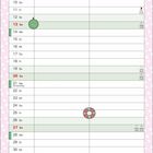 Kalenderseite mit Datum 01 bis 30 ohne Einträge; Hello Kitty in Melonen-Kleid, rosa gepunkteter Hintergrund.