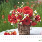 Kalenderblatt mit Monat Juni. Im Vordergrund roter Mohn und weiße Blumen in einem Korb, grüne Wiese im Hintergrund.
