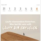 Mai/Juni 2027 Kalender. "Laufe niemandem hinterher. Wer bei Dir sein will, läuft Dir entgegen." Person rennt einen Hügel hinauf.