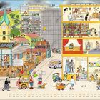 Illustration: Ein Dorf mit Kirche, Baustelle, Kulturzentrum und Gemeindeleben. Menschen sind in verschiedenen Aktivitäten vertieft.