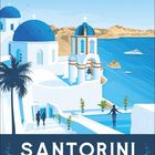 "SANTORINI GREEK ISLANDS. Juni." Illustration: Weiße Gebäude mit blauen Kuppeln, Meerblick, Personen auf Treppe.