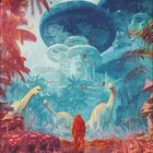 06, Kalender mit Daten darunter. Illustration: Astronaut, Dinosaurier, futuristische Gebäude, Palmen, bunte Blätter.