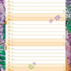 Kalender mit Tagen im Juni. Illustration: Porträt einer Frau mit Blumen im Haar, violetter Hintergrund und grünen Blättern.