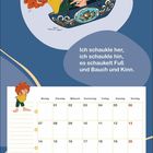 "Juni. Ich schaukle her, ich schaukle hin, es schaukelt Fuß und Bauch und Kinn." Kalenderblatt mit kindlicher Figur.