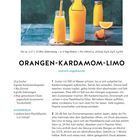 Orangen-Kardamom-Limo, indisch angehaucht. Zutaten: 25 g Zucker, 4 Kardamomkapseln, 1 Bio-Zitrone, 6 Orangen.