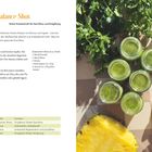 "Herbal Balance Shot: Grüne Kräuter für Darmflora. Zutaten: Petersilie, Minze, Zitrone, Ingwer, Ananas. Bild zeigt grüne Shots."