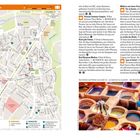 Stadtplan von Fès mit Übernachtungstipps und Sehenswürdigkeiten, abgebildete Gerberei mit bunten Farbbecken.
