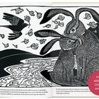 Innenabbildung Originalausgabe. Zwei Hasen sitzen nahe einem Fluss, Blätter und ein Vogel fliegen über ihnen.