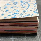 Ein Stapel Papier oder Karten, deren oberste Schicht mit blauen, blumenartigen Mustern auf beigem Hintergrund bedruckt ist.