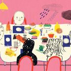 Illustration: Menschen um gedeckten Tisch, bunte Speisen, rosa Hintergrund, eine Lampe, Regenwolke und Tropfen.