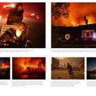 Texte: Evakuierung wegen Eaton Fire, Hubschrauber über Mandeville Canyon, Feuerwehr Palisades Fire, Mann vor zerstörtem Geschäft. 