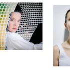 Links Text "Hallie Baryy" darunter "Pip Baumann". Links Porträt hinter Lochblech, rechts Person in weißem Top vor hellem Hintergrund.