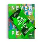 Text: "SIX CHARACTERS OF HOTEL W. A CASE STUDY FROM NEVER AGAIN PEACE. Edited by Ekaterina Degot and David Riff." 

Hintergrund: Bunte, abstrakte Muster.