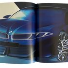 Illustration eines blauen Autos in einer Zeitschrift. Modernes Design, markante Scheinwerfer und auffällige Felgen.