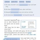 Übung 2: Geräusche. Ergänzen Sie die Verben: schreien, quietschen, summen, fauchen. Dialog über Lena und Hannah.