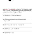 "Test final" mit schwarzem Handabdruck darüber. Sechs Fragen auf Spanisch und Deutsch zum Kurzkrimi 'El misterio del Camino de Santiago'.