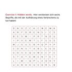 "Final Test", "Exercise 1: Hidden words." Wortgitter, versteckte Begriffe zur Verbrechensaufklärung. Messer-Illustration.