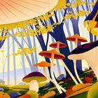 Eine Illustration zeigt einen Wald mit großen Pilzen, bunten Blättern und zwei Wölfen im Hintergrund.