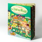 „Die Stadt der Hunde. Ein tierisches Wimmelbuch.“ Illustration von buntem Stadtleben mit vielen Figuren und Details.
