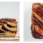 Ein Brot mit Schokoladenwirbel, links im Querschnitt, rechts in der Gesamtsicht.