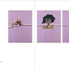 „Francis Bacon, Triptych – Studies of the Human Body, 1970.“ Drei abstrakte Figuren auf lila Hintergrund.