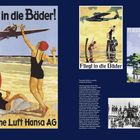 Texte: "Fliegt in die Bäder!", "Deutsche Luft Hansa AG", "Passenger flights to seaside holiday destinations". Vintage Poster mit Strand und Flugzeugen.
