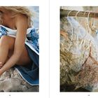 146, 148. Links sitzt eine Frau mit blondem Haar am Strand, umhüllt von einem blauen Handtuch. Rechts hängen Seile und ein Seesternchen an einem Ast vor Felsen.