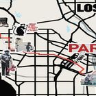Plan von Los Angeles mit Kunstwerken: "No More Heroes", "PARK", "Los Angeles". Punkte als Routen. Kunstillustrationen.