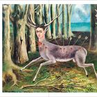 Das Gemälde zeigt einen Hirsch mit menschlichem Gesicht und Pfeilen im Körper, umgeben von einem Wald.