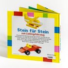 „Stein für Stein zum Lieblingsfahrzeug.“ Buntes Buchcover mit LEGO-Modellen eines Flugzeugs und Autos.