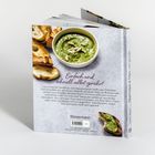 "Einfach und schnell selbst gerührt" steht im Fokus. Kreative Hummus- und Dipvarianten auf grauem Hintergrund. Links Brotscheiben, rechts eine Schüssel mit grünem Dip. Verlagslogo unten.