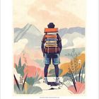 "Danny Ivan-Hiker", Juni 2023. Illustration: Person mit Rucksack in bunter Berglandschaft, umgeben von Vegetation.