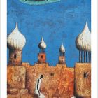 Kalenderdaten Juni 2027. Illustration: Zwei Personen auf fliegendem Teppich über Stadt mit Kuppeln, Boot auf Wasser.