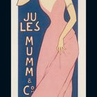 "CHAMPAGNE JULES MUMM & CO", Frau im rosa Kleid trinkt. Unten sind die Juni-Tage eines Kalenders zu sehen.