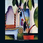 6, 2027. Kalenderblatt mit Gemälde einer Terrasse, Pflanze im Vordergrund, bunter Hintergrund mit Figur im Türrahmen.